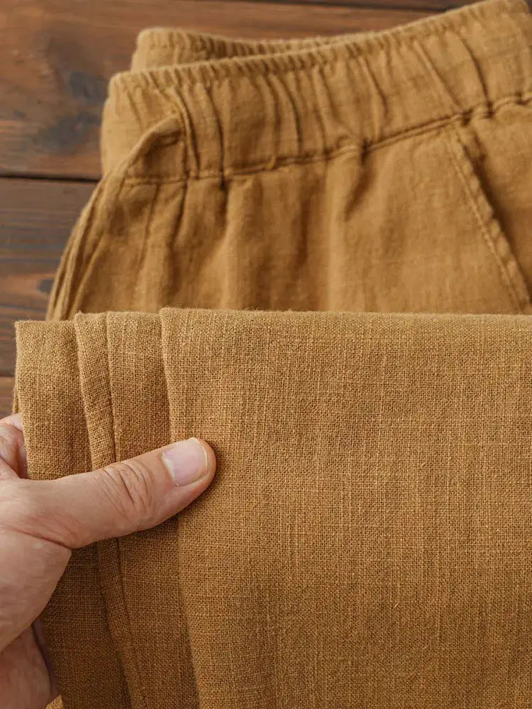 Men's tan casual cotton-linen wide-leg pants with elastic waist
