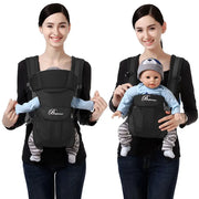 Woman demonstrating a 4-in-1 ergonomic baby carrier backpack with baby doll and comfortable features.