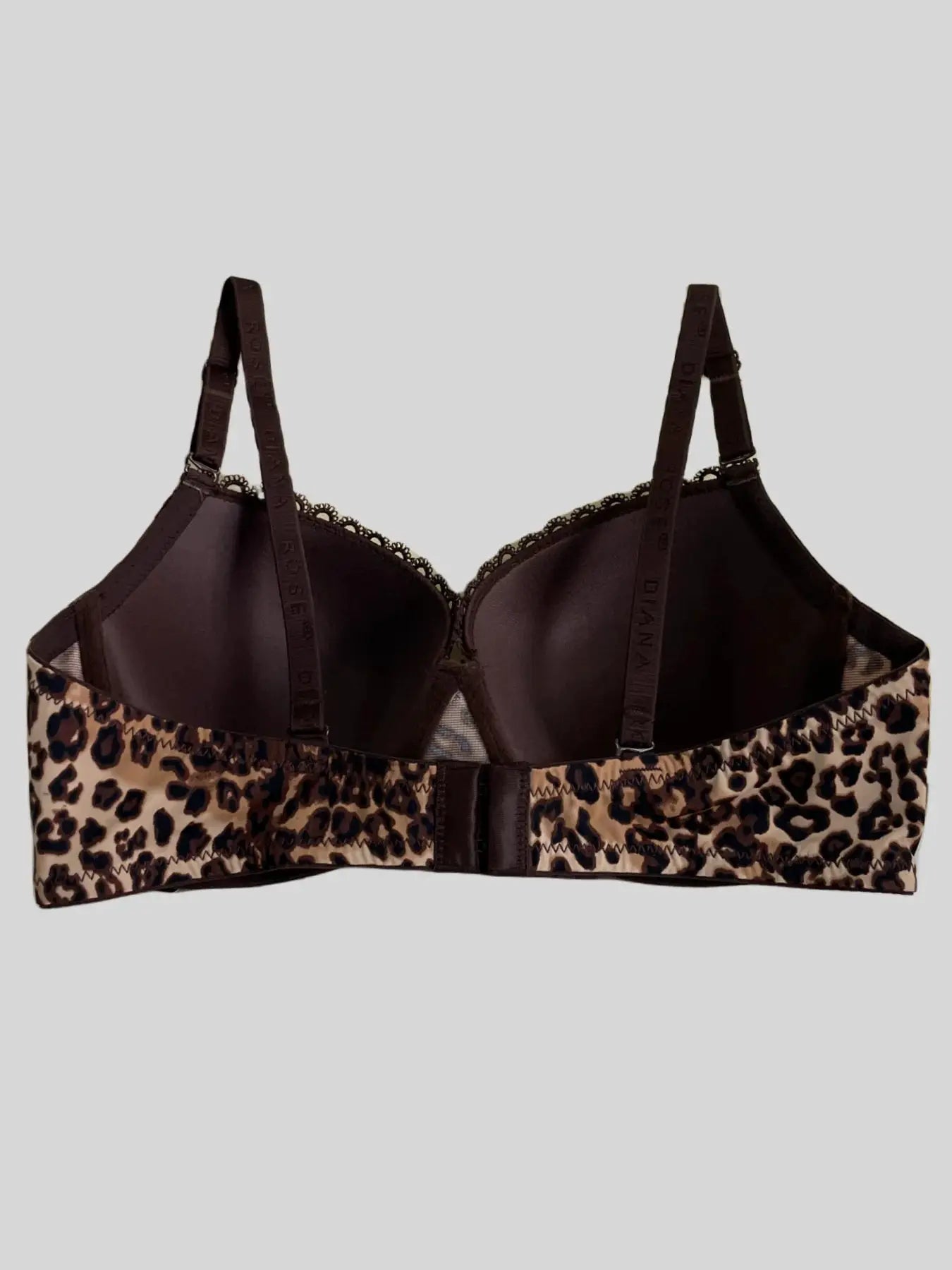 Diana Rose leopard print push-up bra with lace trim and black cups, adjustable straps.