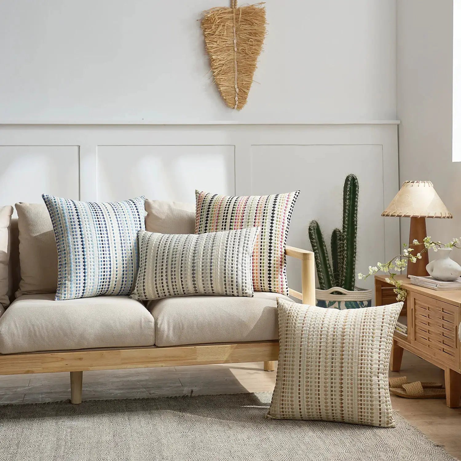 Boho Dots Jacquard Cushion Cover 45x45cm with zipper closure in grey, ivory, orange and blue
