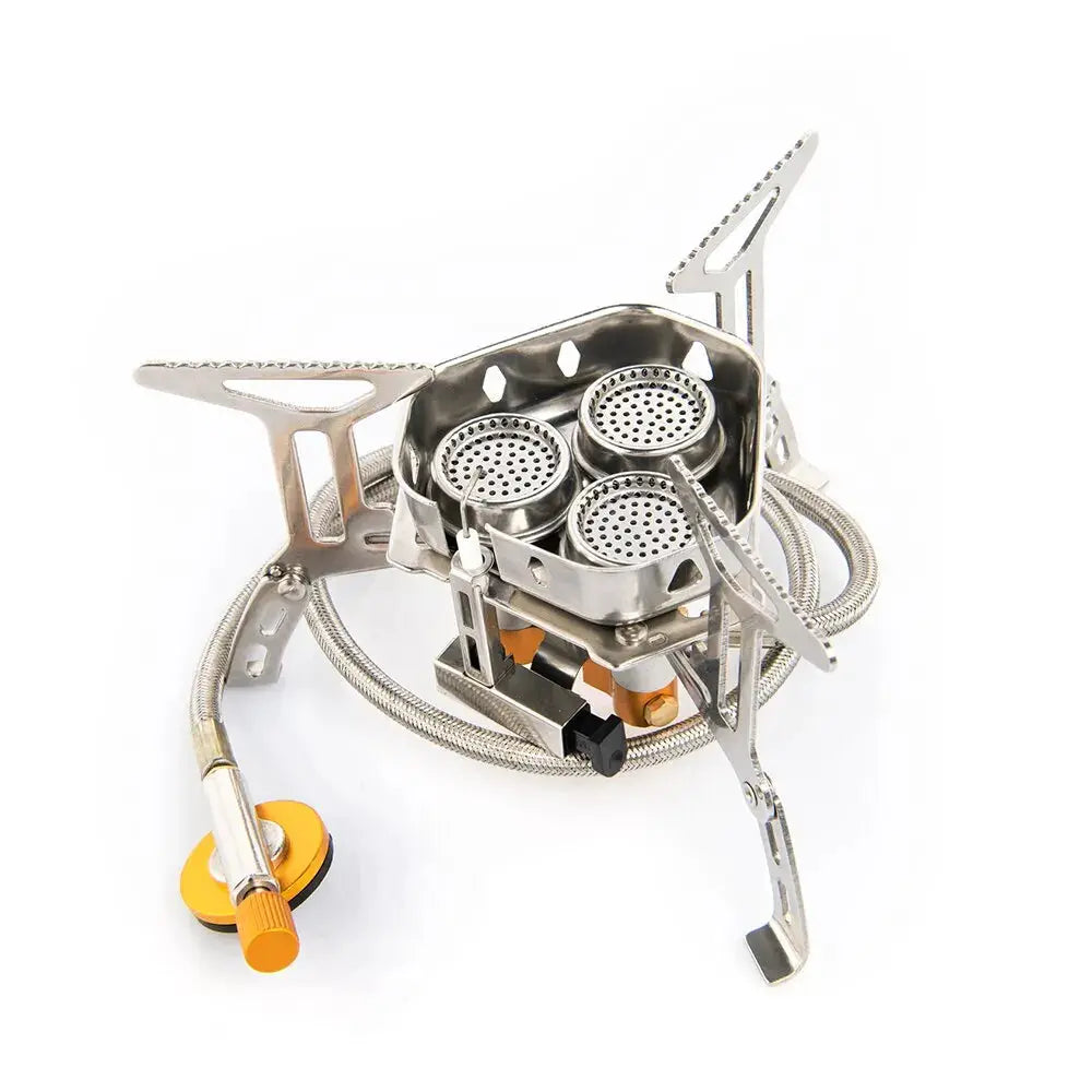 Portable camping gas stove with triple burner heads, stainless steel frame and braided hose