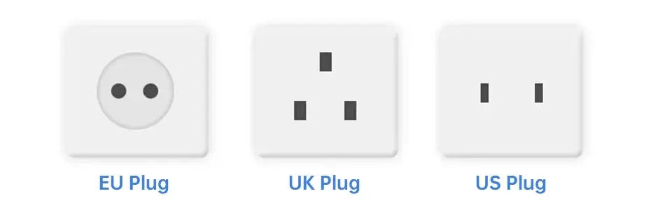 Three white electrical outlets showing EU, UK, and US plug types