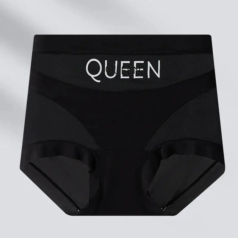 High-waisted tummy-control black panties with a QUEEN waistband.