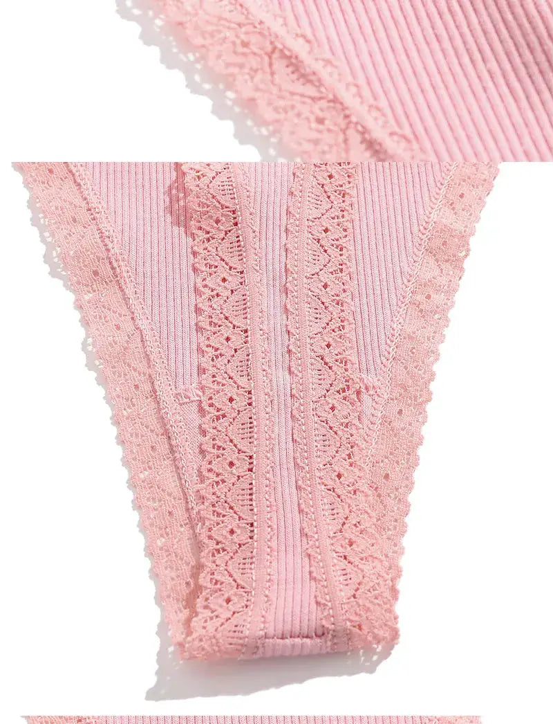 Pink lace g-string panties, cotton lingerie, close-up view with adjustable waistband, Simples Market FINETOO