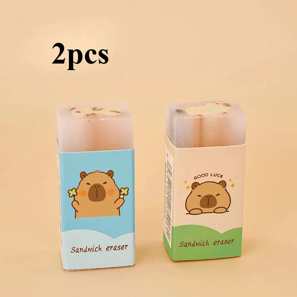 Kapibala erasers, 2pcs cartoon capybara sandwich erasers in blue and green packaging