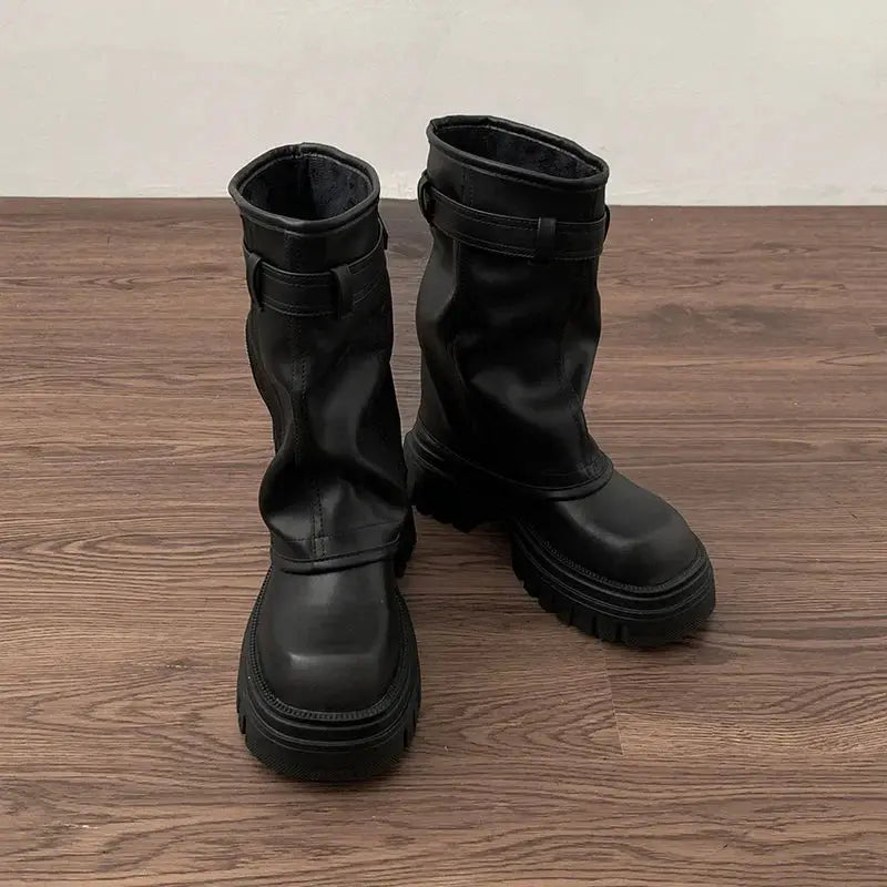 NovaPulse Winter Women Biker Boots With Belt Buckle And Platform Sole For Trendy Casual Style