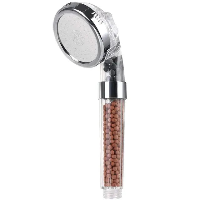 Simples Market handheld shower head with chrome head and transparent filter tube containing mineral beads