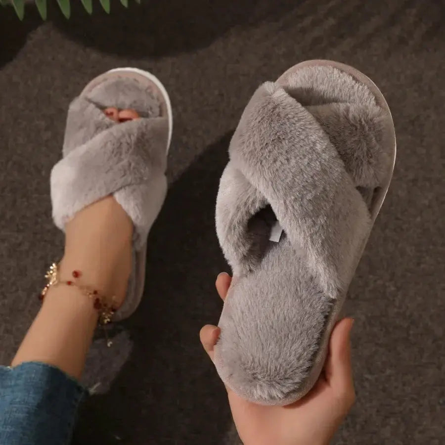 Autumn Fashion Cross Strap Faux Fur Slippers For Women Indoor Light Warm Plush Home Shoes Flat Heel