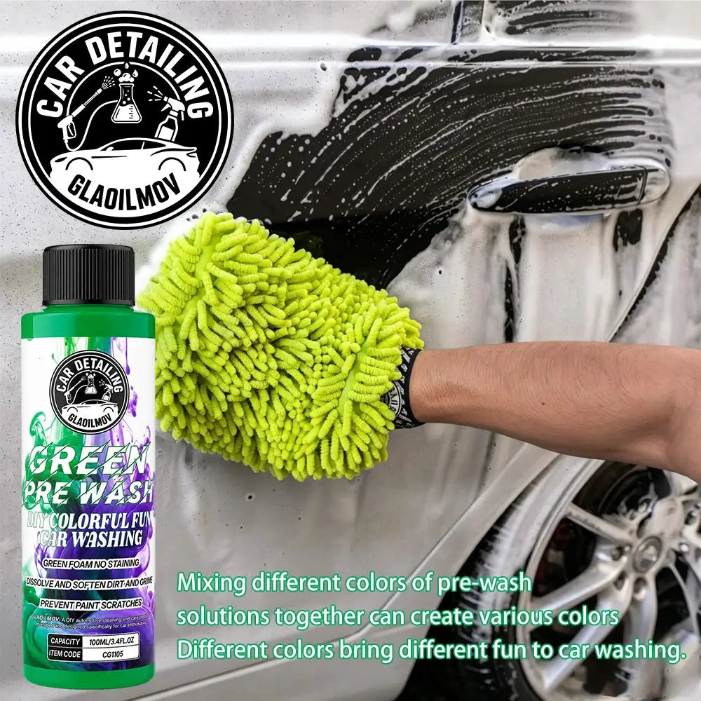 Colored car pre-wash solution bottle with green label beside neon-green microfiber mitt scrubbing foamy car exterior