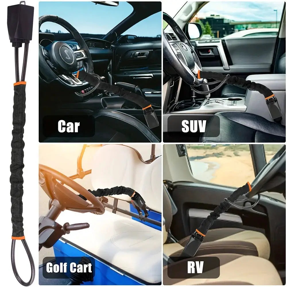 Steering wheel lock with black braided steel cable and orange accents; universal fit for car, SUV, golf cart, and RV