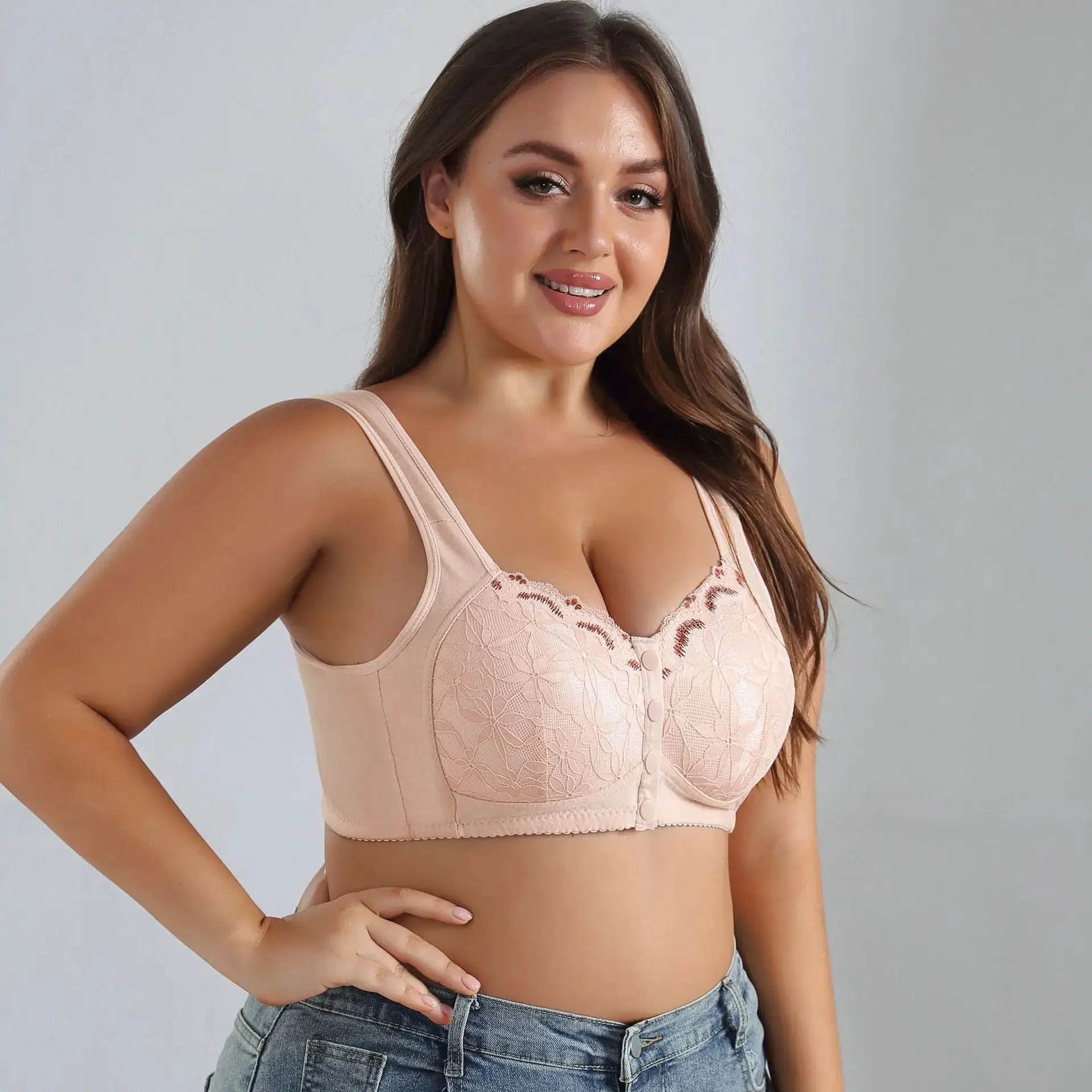 Soft pink cotton lace front-closure bra, no underwire, size XL