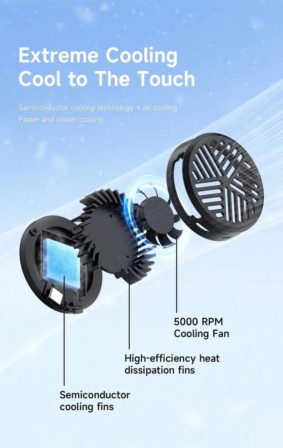Hagibis magnetic cell phone cooler; black portable cooling fan with heat-dissipation fins and magnetic mount.