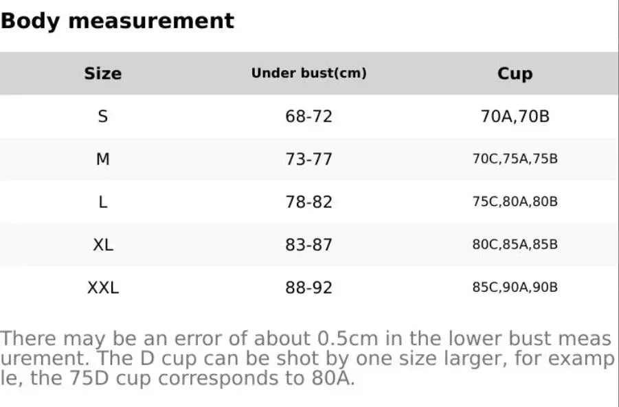 Simples Market women's sports bra size chart with underbust and cup ranges (S–XXL)