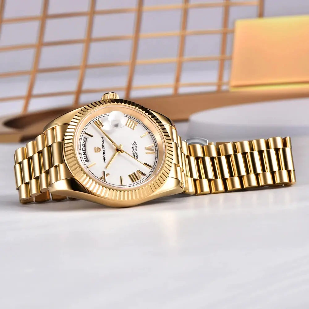 Gold-tone Pagani Design men's automatic wristwatch with white dial, day window, fluted bezel, and metal bracelet