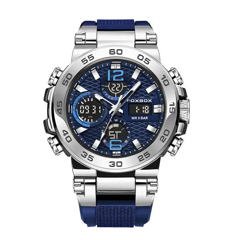 FOXBOX men's sport chronograph watch with blue dial, 5 BAR water resistance, stainless steel case, blue strap