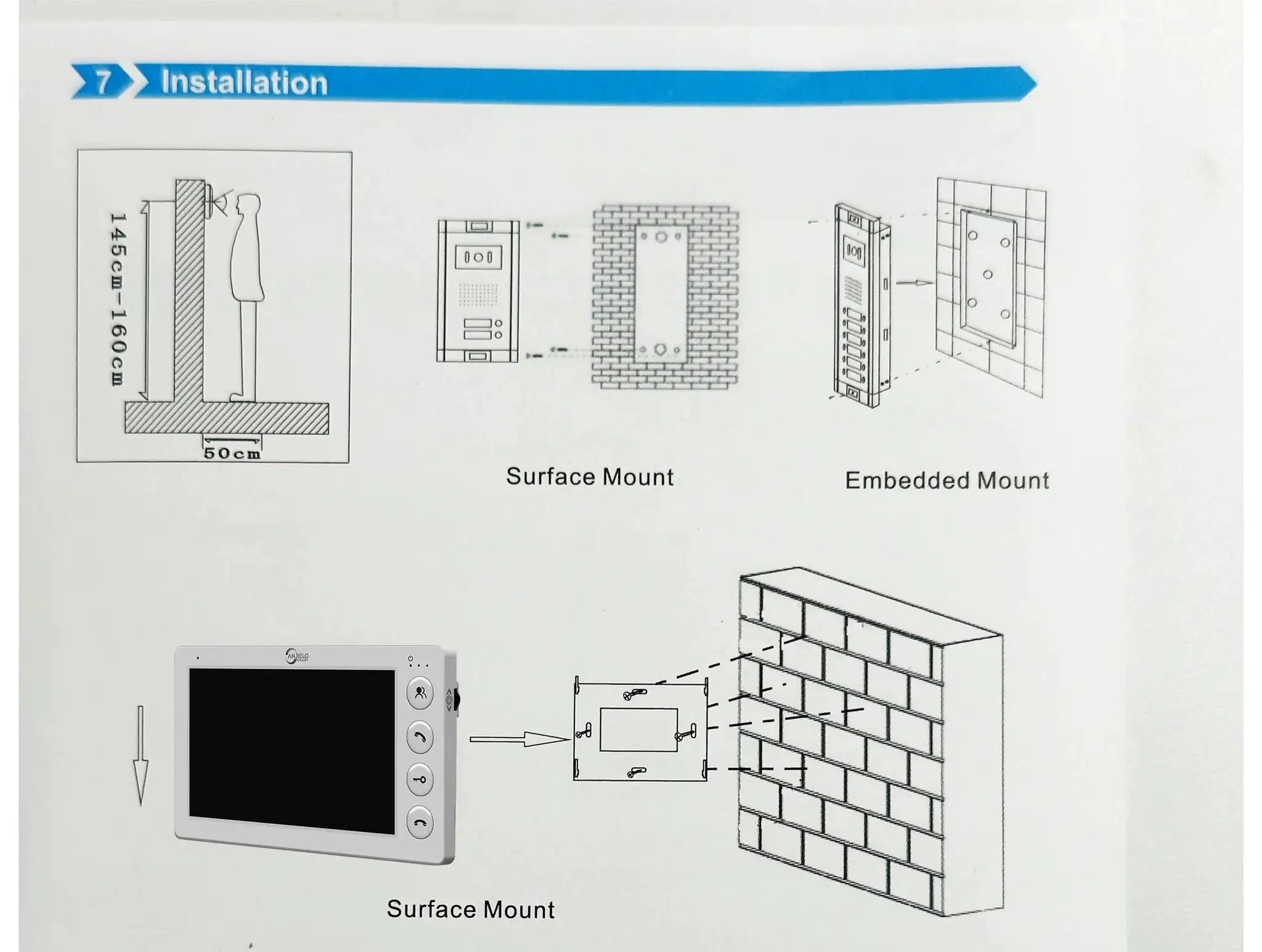 ANJIELO 3-unit home video intercom with RFID unlock; installation diagram shows surface and embedded mounts.