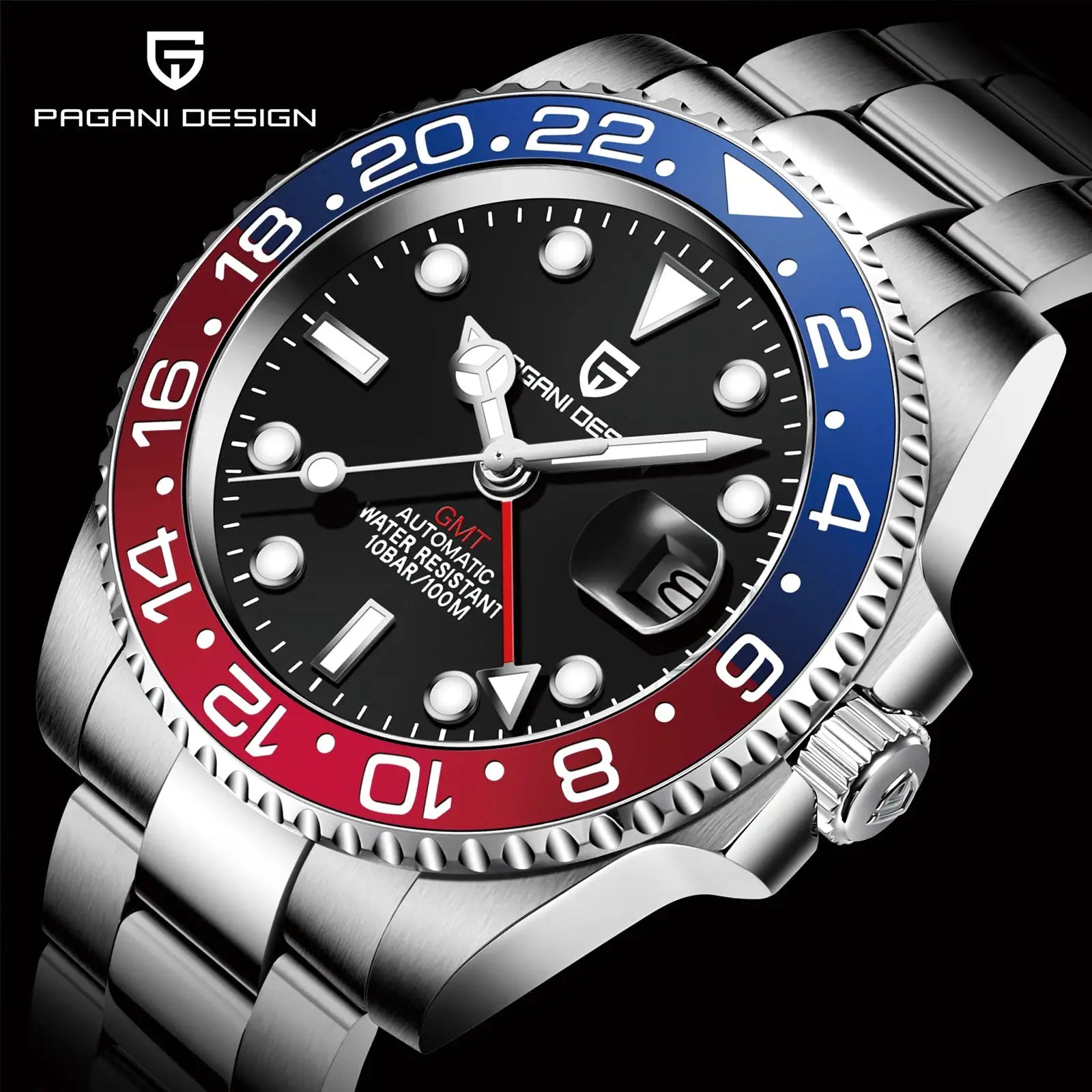 Pagani Design GMT watch for men with stainless steel bracelet, black dial and red-blue bezel