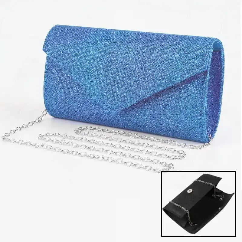 Envelope evening bag by Simples Market, blue glitter clutch with silver chain shoulder strap