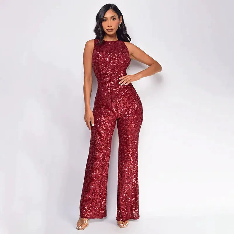 Sparkling sequin jumpsuit for women, red sleeveless high-waist, sleek fitted wide-leg silhouette for glam party wear