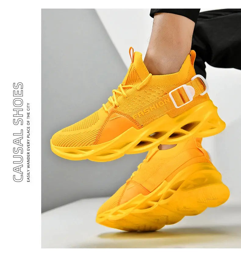 Sneakers Men Unisex mesh breathable casual athletic shoes in bright yellow-orange with thick soles