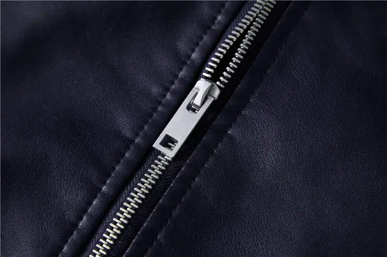 Men's black leather motorcycle jacket zipper close-up, slim-fit rugged street style