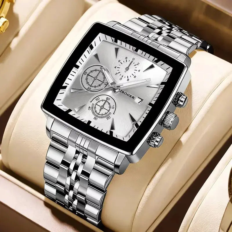Men's square-dial quartz wristwatch, stainless steel bracelet, date window, silver tone