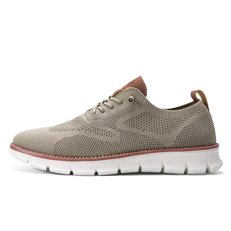 Plus-size men's breathable mesh sneakers, beige knit upper with white chunky sole