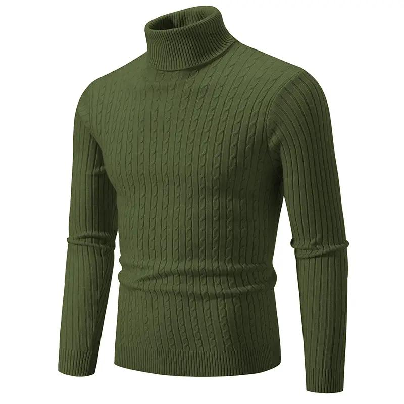 Men's high-neck knitted turtleneck sweater, olive green cable-knit, Simples Market.