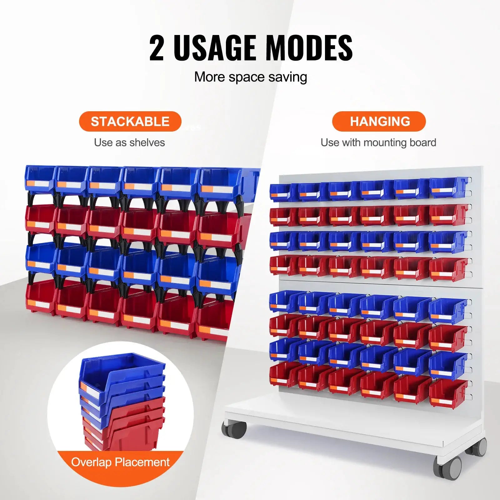 Simples Market SucceBuy 24-piece stackable storage bins in blue and red for garage use on freestanding shelves and wall rack