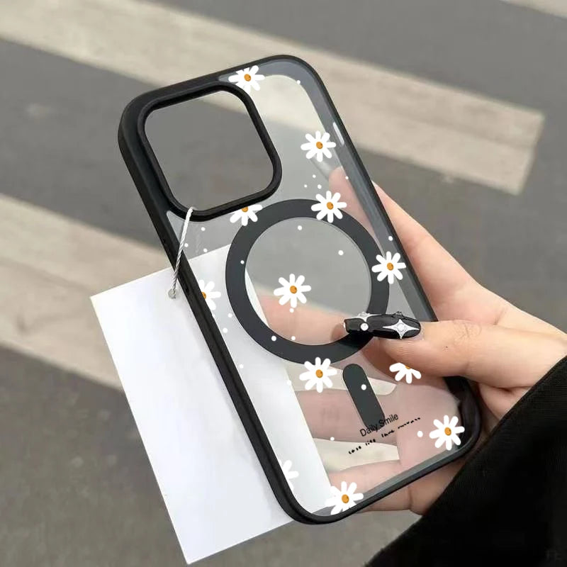 Phone case with daisies; clear with black bumper, Simples Market magnetic case for iPhone wireless charging