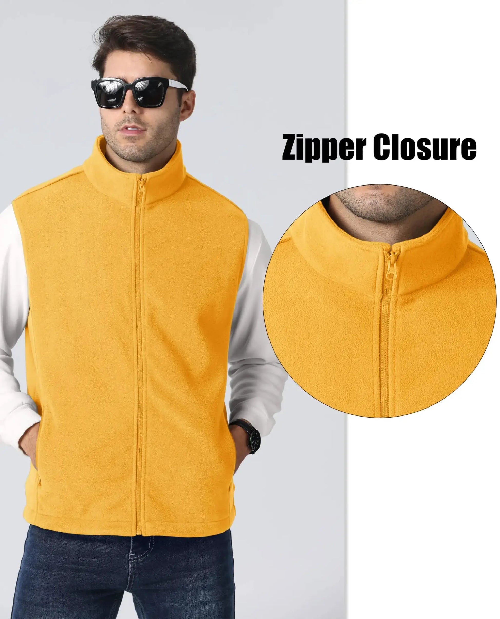 Simples Market TACVASEN fleece vest for men, yellow sleeveless jacket with stand collar and zipper closure