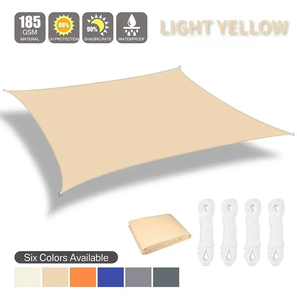 Simples Market sun shade sail in light yellow, waterproof outdoor canopy, 2x3/3x4/4x5/5x6 m, with four rope attachments.