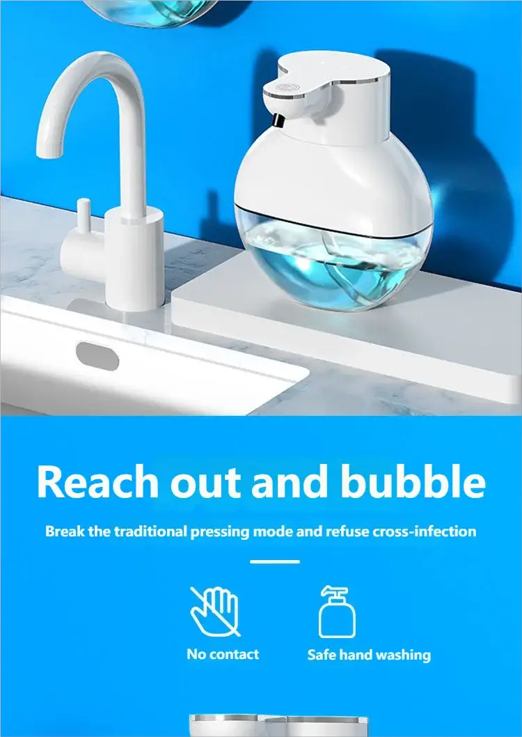 Homefish automatic soap dispenser, white wall-mounted foaming dispenser with clear reservoir and blue liquid