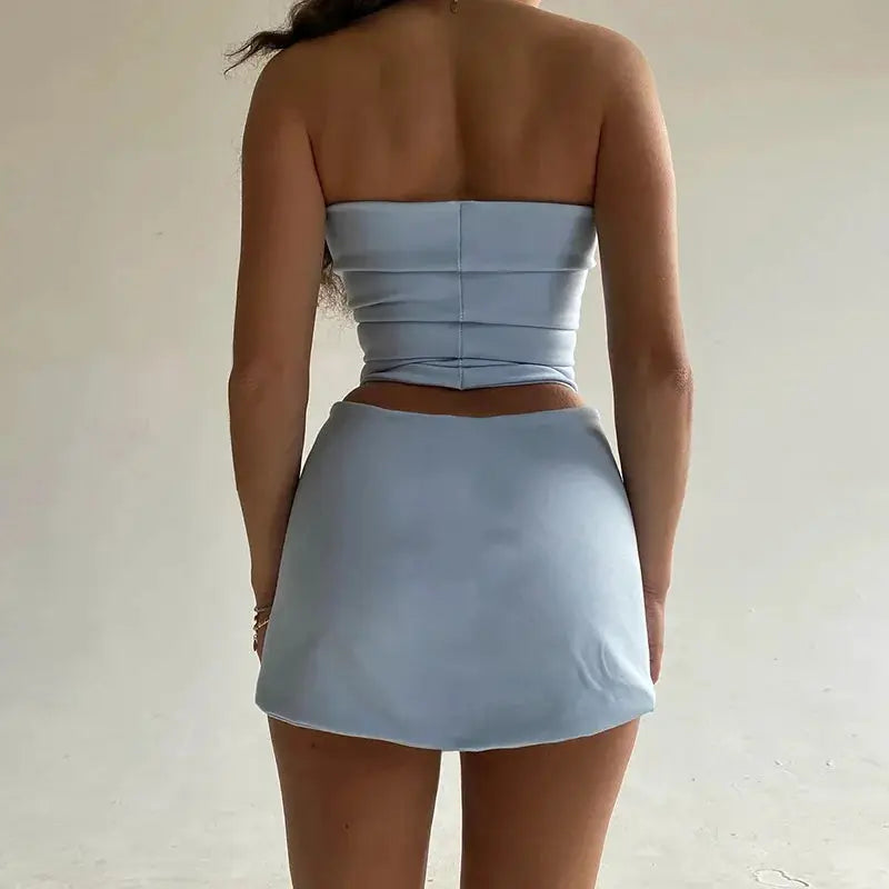 Hawthaw Women 2024 Summer Two Piece Tube Top And Mini Skirt Set