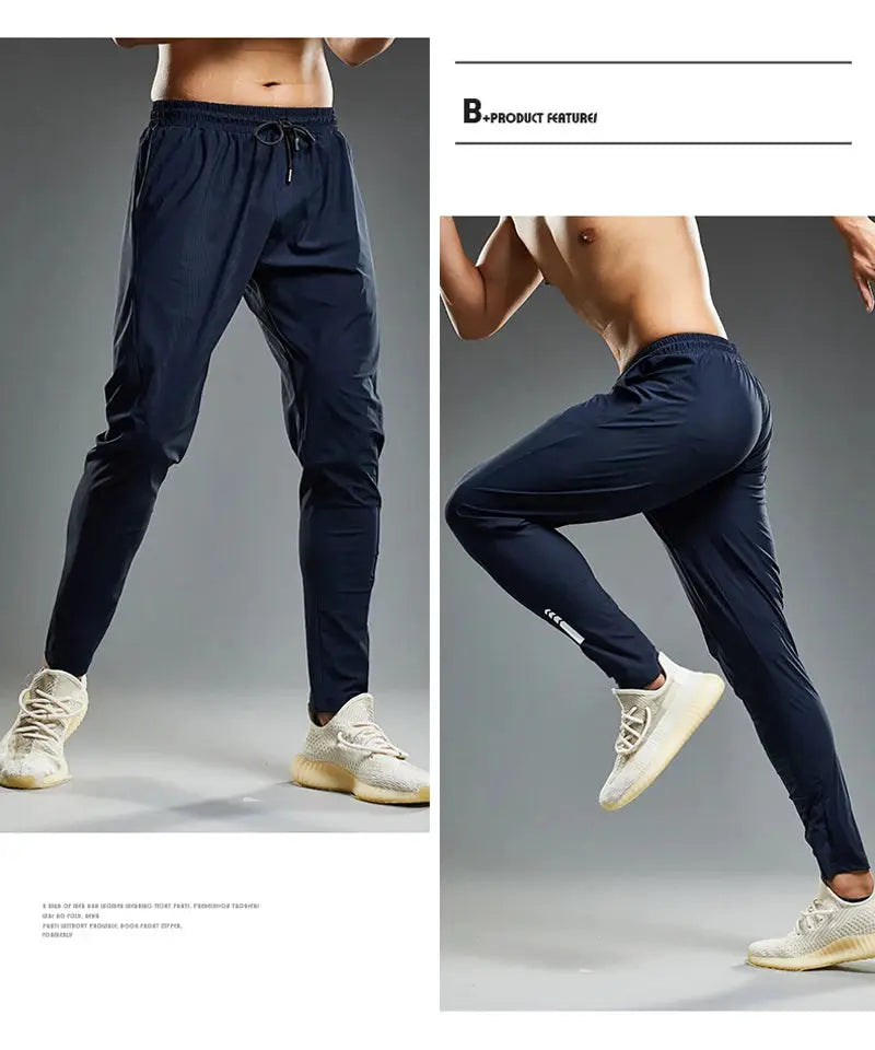 Men's navy running joggers with elastic waistband and drawstring