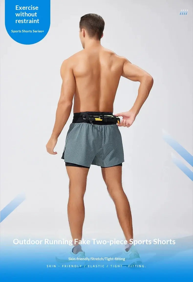 Men's gray-green double-layer outdoor running shorts with quick-dry breathable fabric