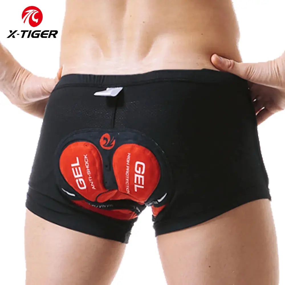 X-TIGER men's cycling underwear with 5D gel cushions; black MTB shorts with red gel pads