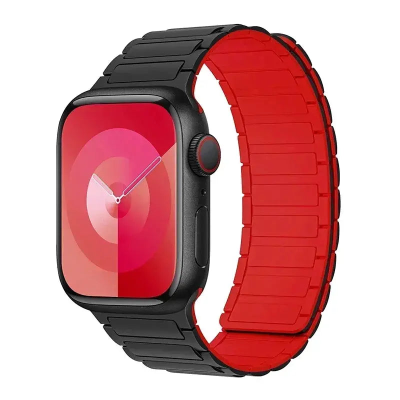 Magnetic loop silicone Apple Watch band with black exterior and red interior, fits 38-49mm.