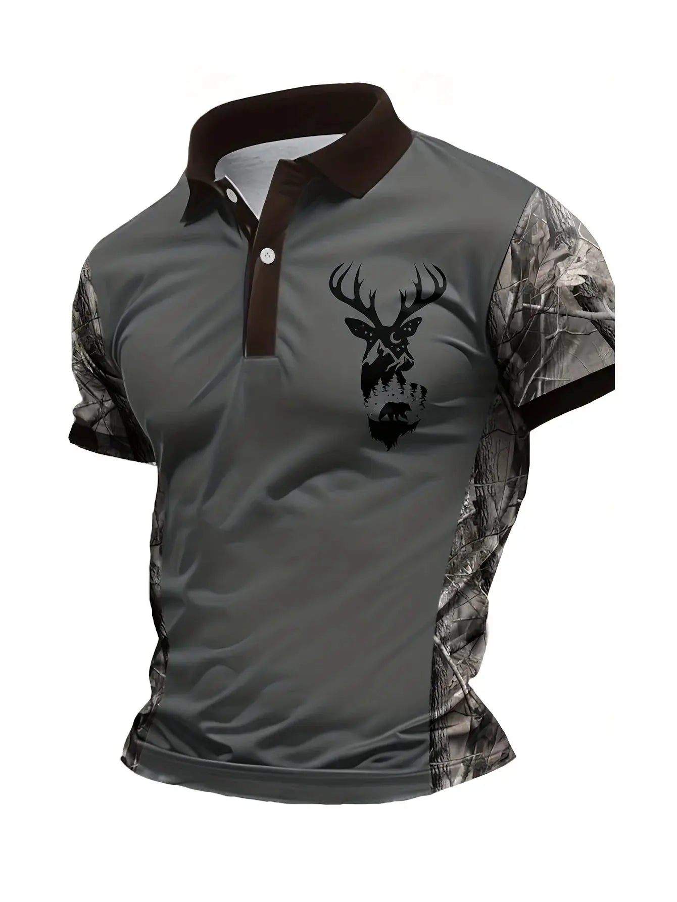 Simples Market men's short-sleeve gray polo shirt with brown collar and camo sleeves, deer graphic on chest