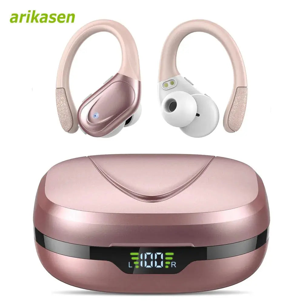 Wireless earbuds in rose gold with LED-display charging case; arikasen logo, Simples Market