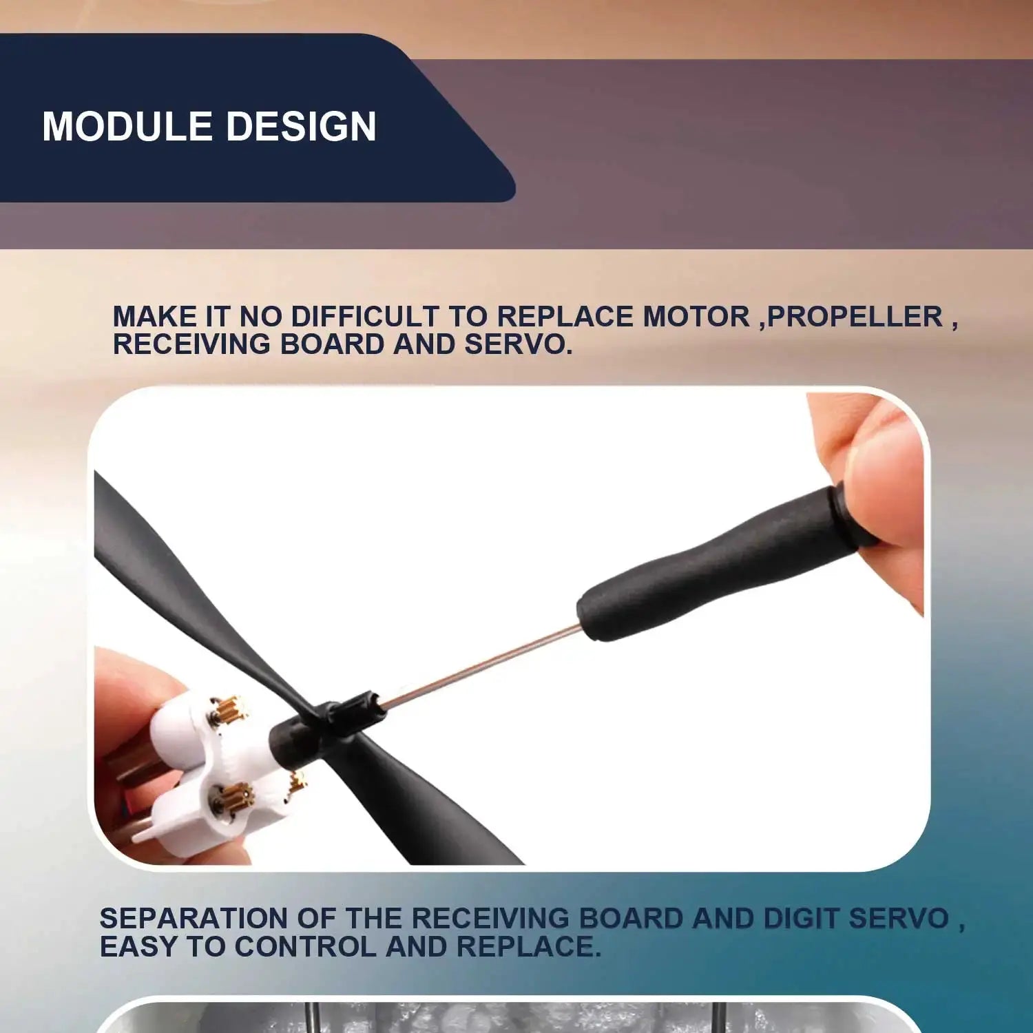 RC airplane module design illustration showing easy motor, propeller and servo replacement with hub focus.