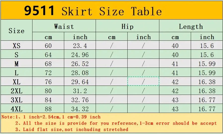 9511 Skirt Size Table showing waist and length measurements (XS–4XL) with inch/cm conversions; Simples Market