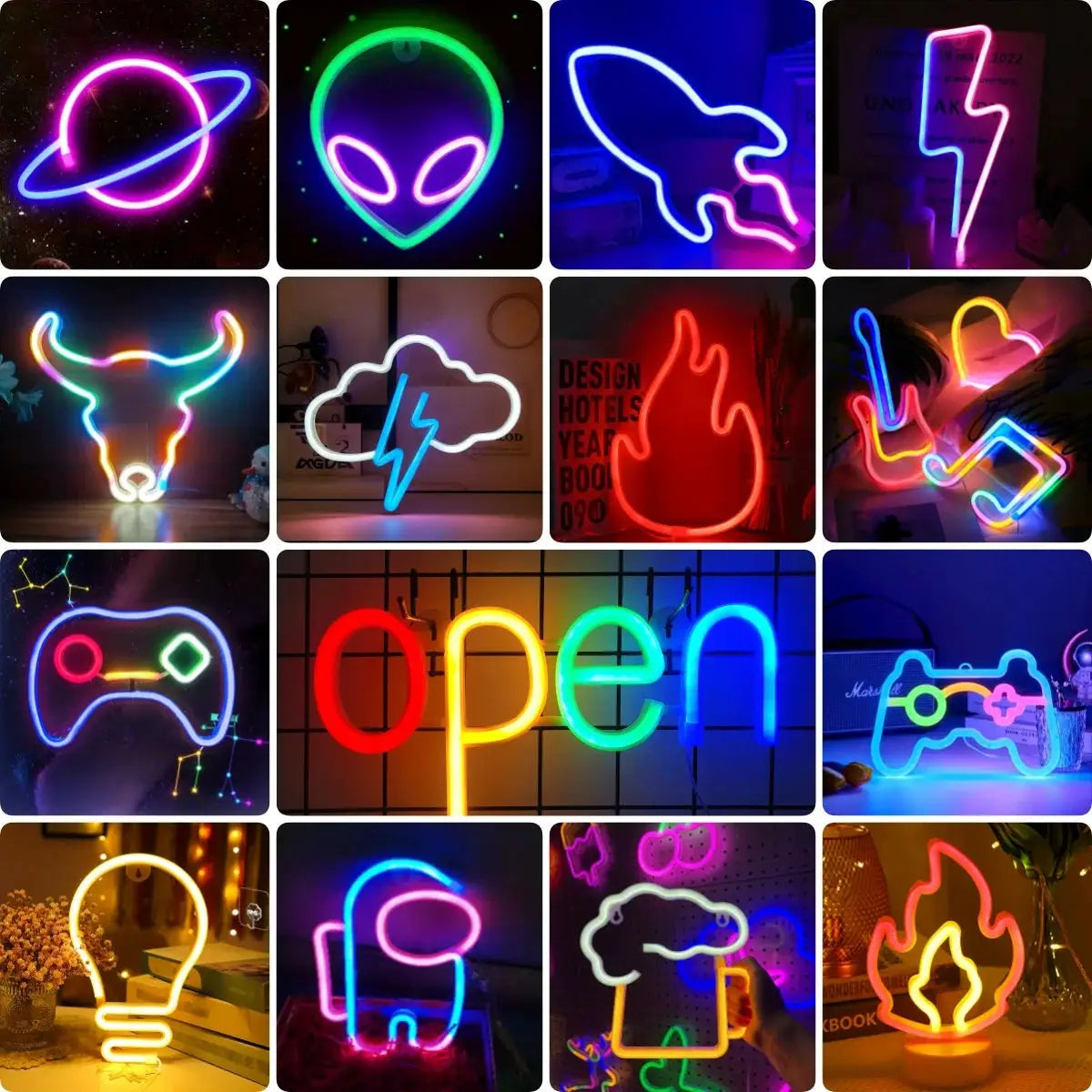 Simples Market decorative neon light collage with 15 colorful neon signs in various shapes.