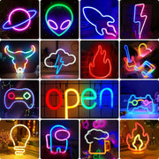 Simples Market decorative neon light collage with 15 colorful neon signs in various shapes.