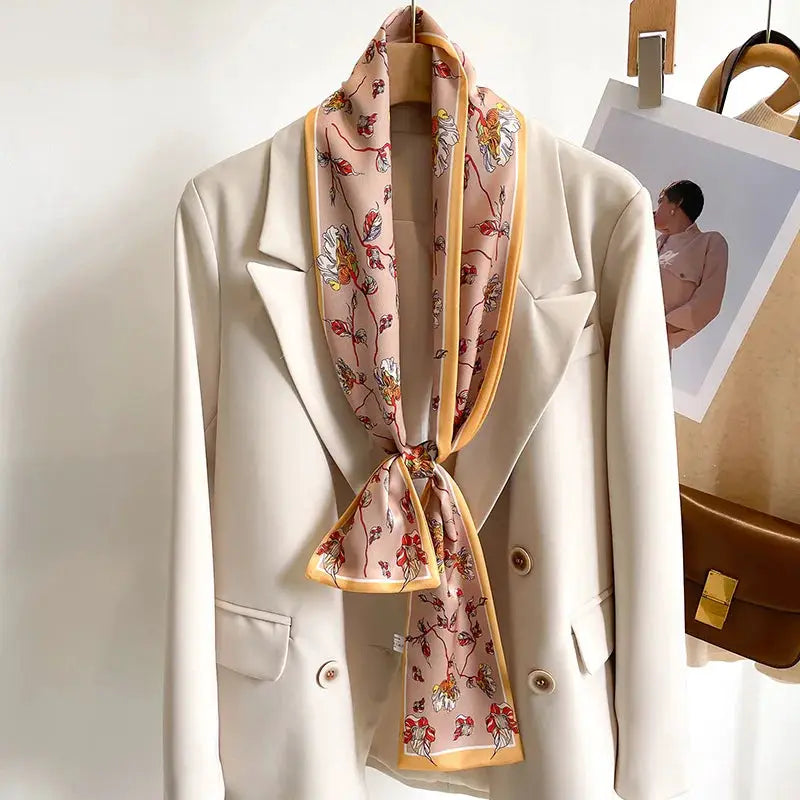 LuxeSilk Silk Feel Printed Design Scarf Versatile Long Narrow Silk Shawl For Fashionable Styles