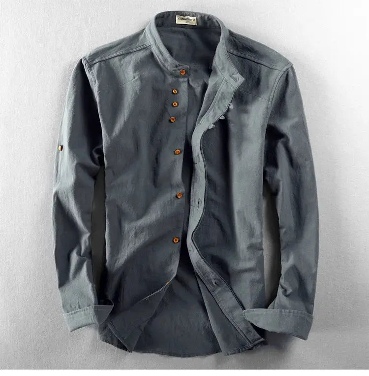 Simples Market men's linen-cotton shirt with stand collar, long sleeves, slim fit, solid gray-blue.