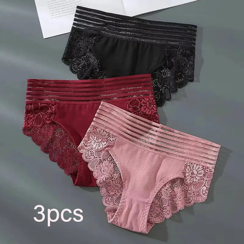 3-pack lace panties set in black, burgundy, and blush pink with striped elastic waistband.