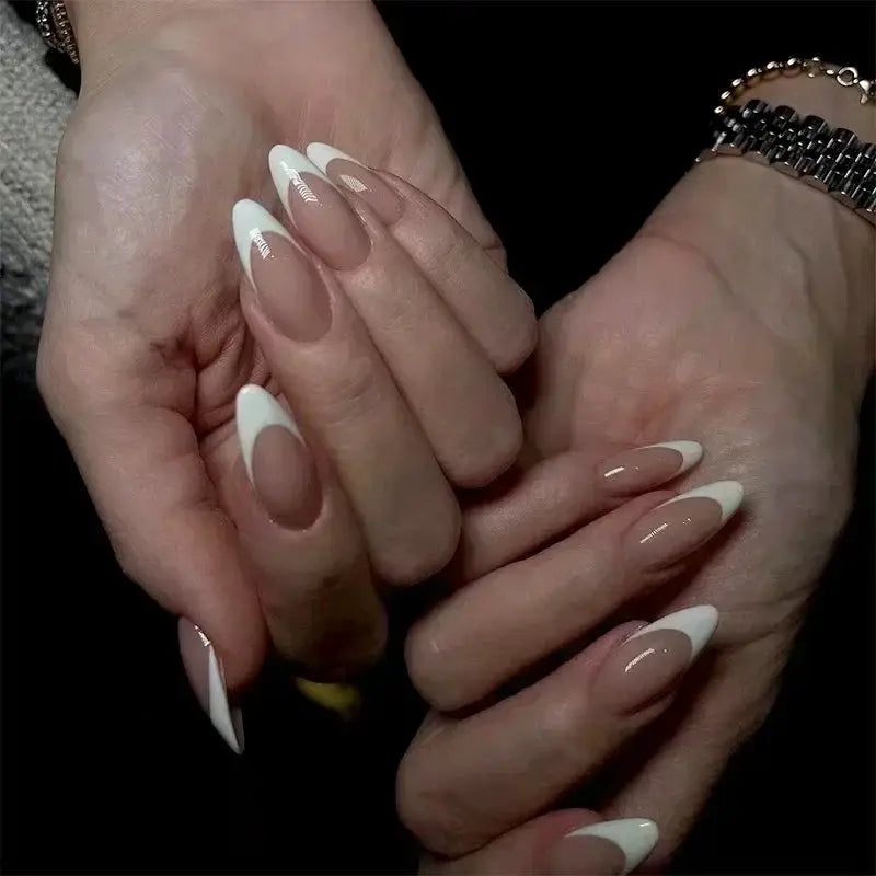 Glamora French Almond False Nails 24 Piece Press On Stiletto Tips With White Edge Design Glue Included For Wearable Glam