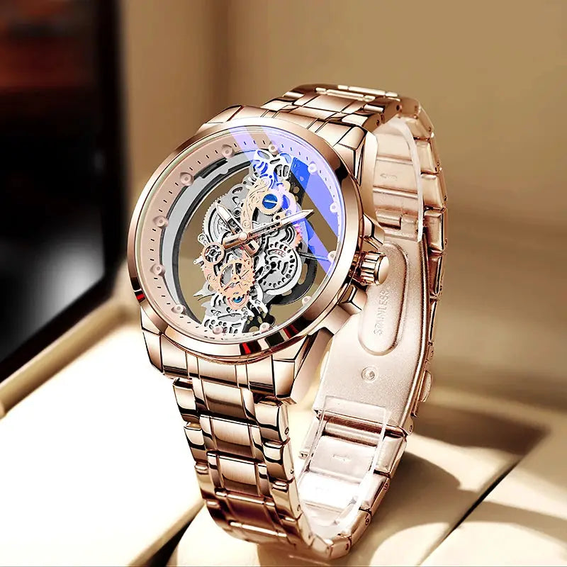 Men's rose gold skeleton automatic wristwatch with stainless steel band and visible gears