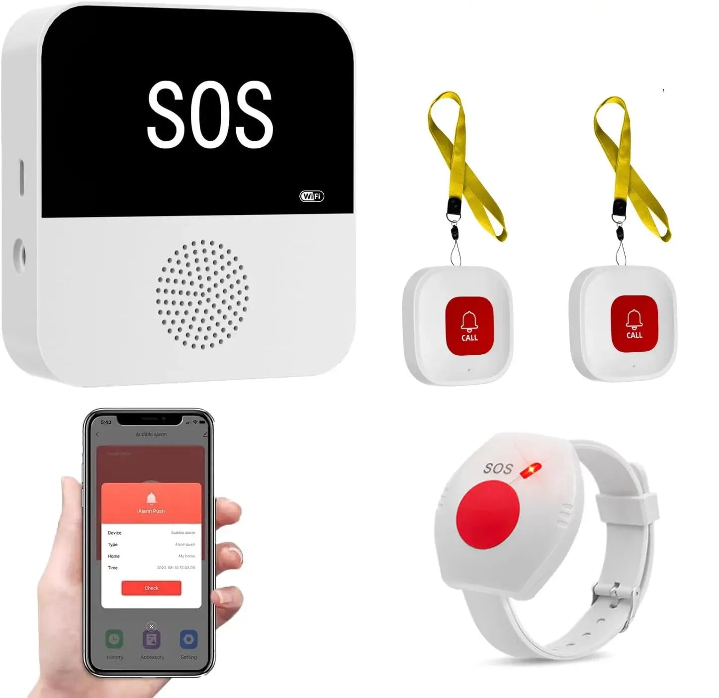 Simples Market wireless SOS medical alert system with white main unit, two red call buttons on yellow lanyards